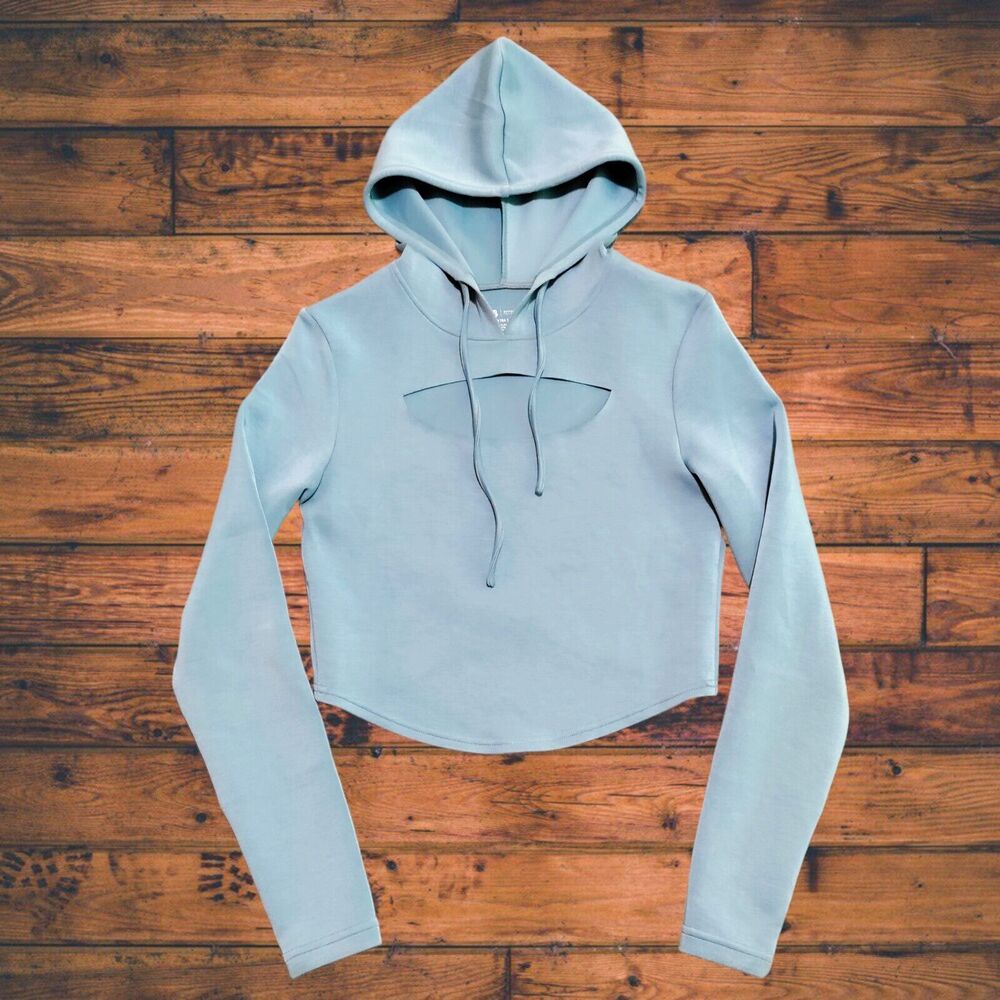 Buff Bunny Women Sweatshirt XS Light Blue Crop Hoodie Cut Out Thumbholes